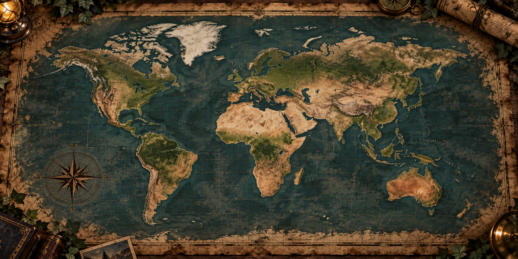 An antique world map surrounded by books, ivy, and lanterns.